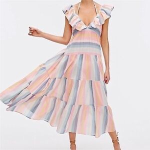 J Crew V-Neck Tiered Ruffle Dress in scarf Sunset Stripe